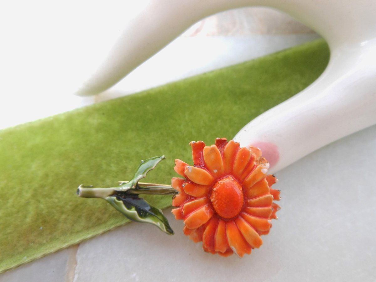 Vintage HAR Enamel Flower Pin Petite Mini Brooch Orange Daisy Designer Jewelry Mid Century Gift, VivianJoel.com