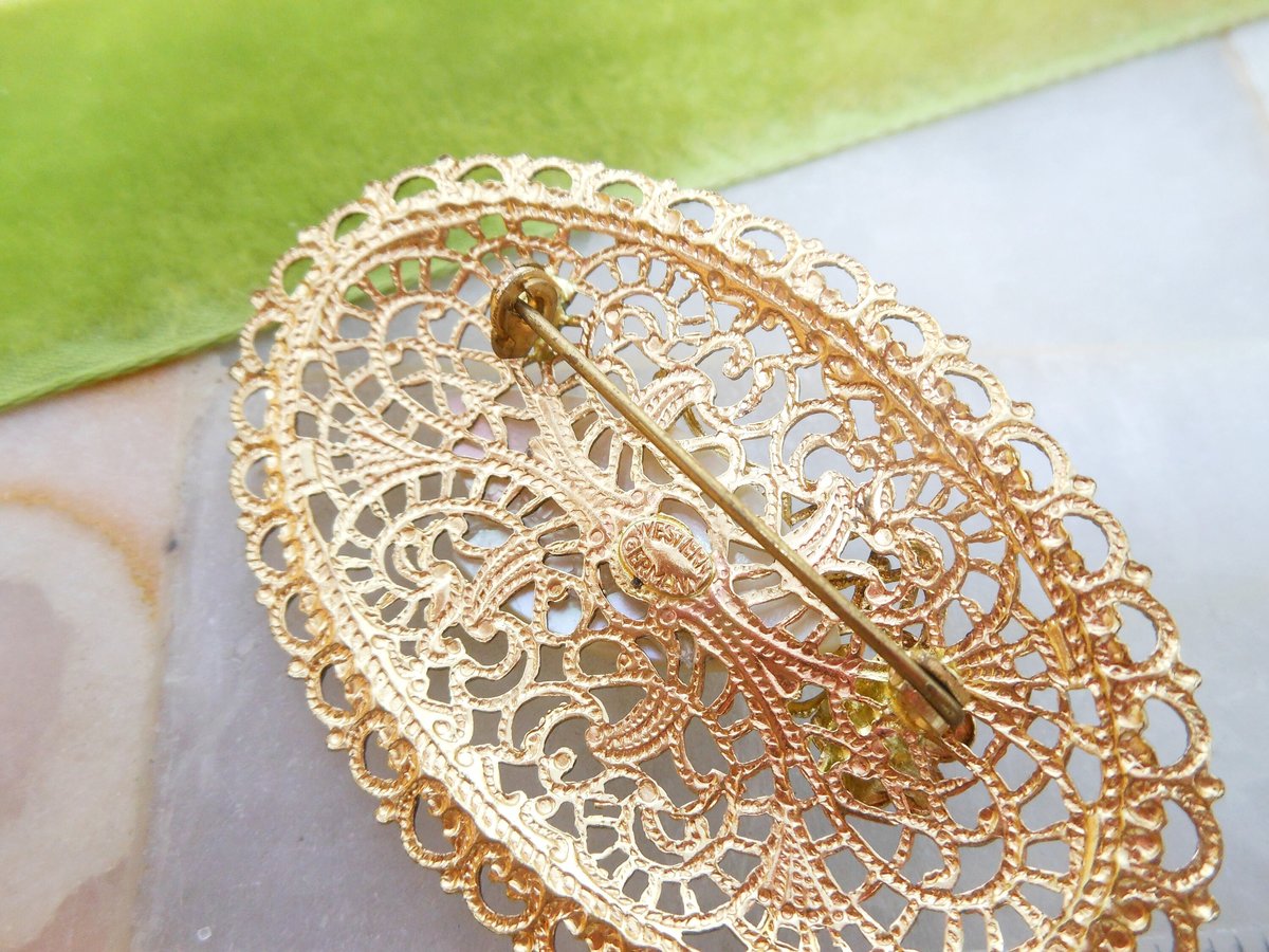 Vintage WEST GERMANY Brooch Victorian Regency Revival Pin Ornate Filigree Mother of Pearl Jewelry Gift Mid Century, VivianJoel.com