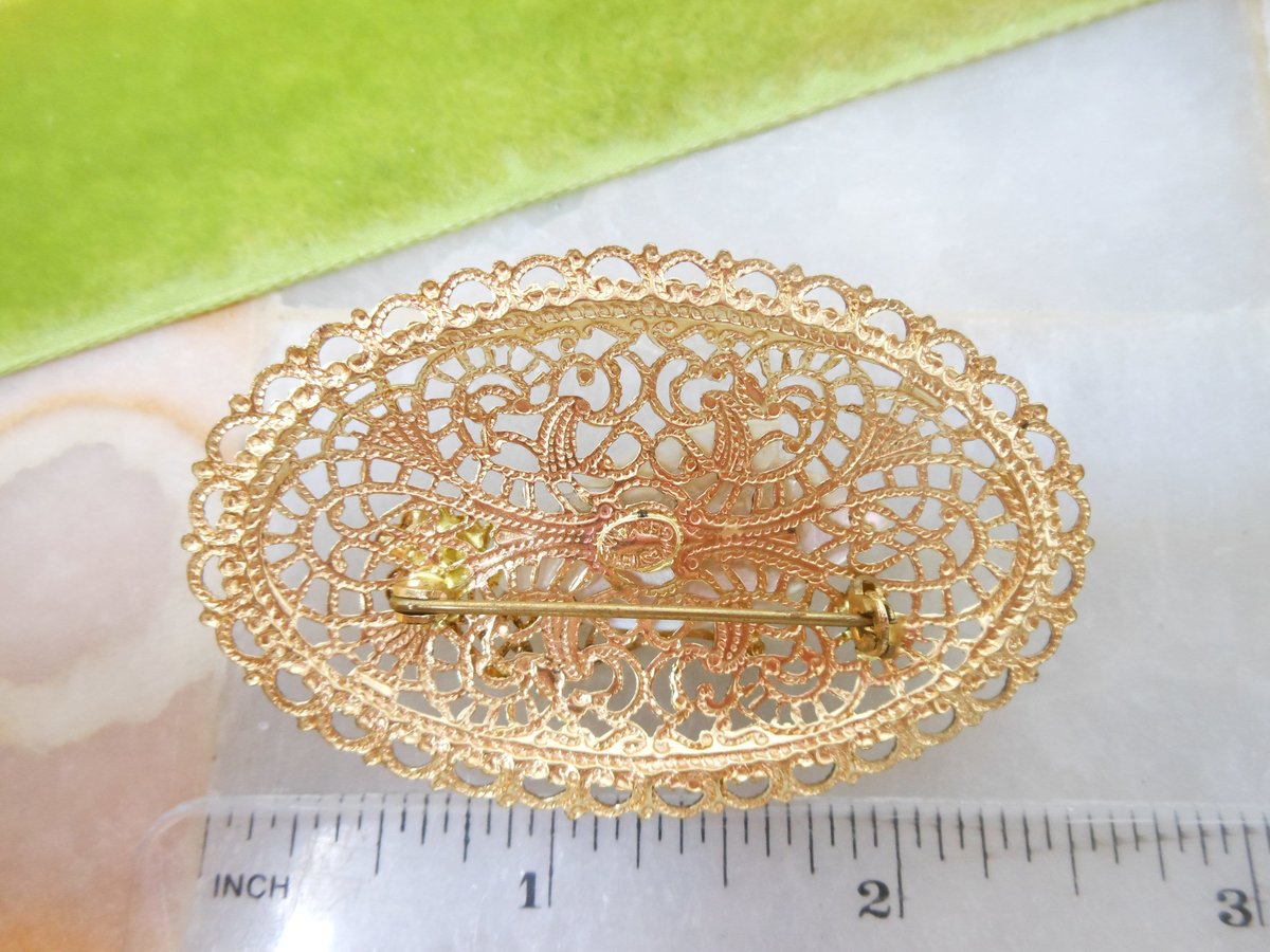 Vintage WEST GERMANY Brooch Victorian Regency Revival Pin Ornate Filigree Mother of Pearl Jewelry Gift Mid Century, VivianJoel.com