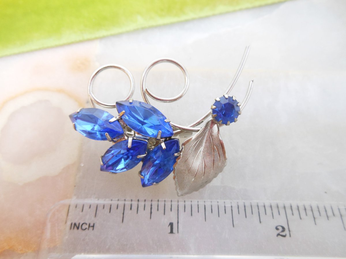 Vintage Blue Flower Brooch Rhinestone Crystal Pin Sweet Petite Wedding Bouquet Mid Century Jewelry Gift, VivianJoel.com