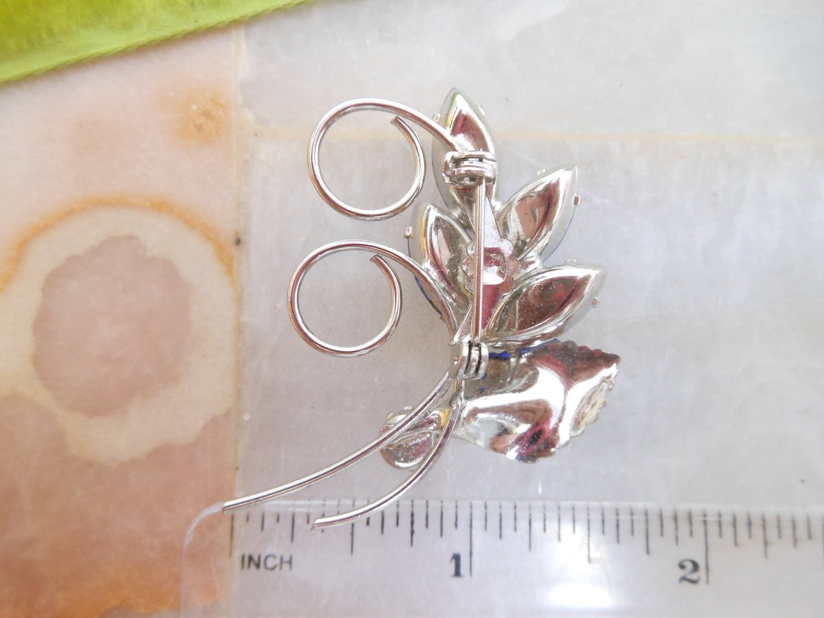 Vintage Blue Flower Brooch Rhinestone Crystal Pin Sweet Petite Wedding Bouquet Mid Century Jewelry Gift, VivianJoel.com