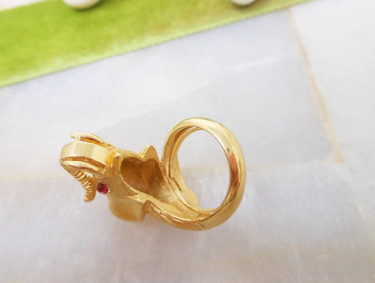 Vintage Crown TRIFARI Elephant Ring Ruby Glass Eye Gold Plate Figural Statement Costume Mid Century Designer * RARE* Jewelry, VivianJoel.com