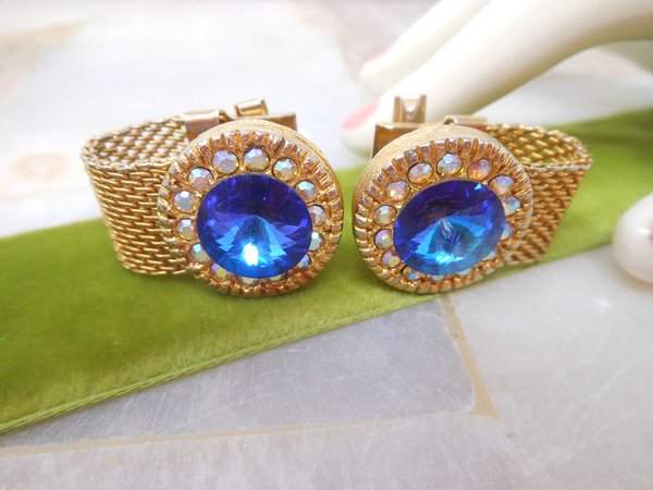 Vintage Blue Crystal Rivoli Cufflinks Gold Tone Groom Best Man Mid Century Cuff Link Jewelry Gift,  VivianJoel.com