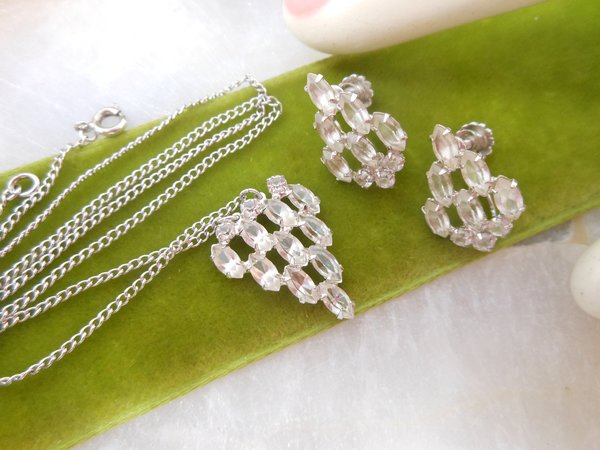 Vintage Sterling Silver Designer Necklace Earrings Set Crystal SPARKLING GEMS By CHARLES Original Box Mid Century, VivianJoel.com