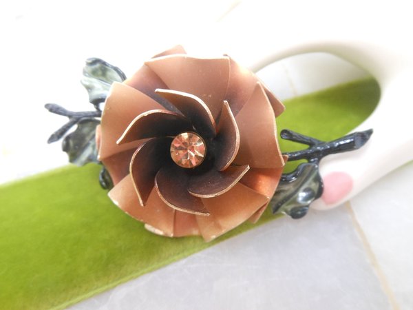 Vintage CORO Brooch Bronze Copper Flower Pin Designer Crystal Rhinestone Enamel Corsage Jewelry Mid Century, VivianJoel.com