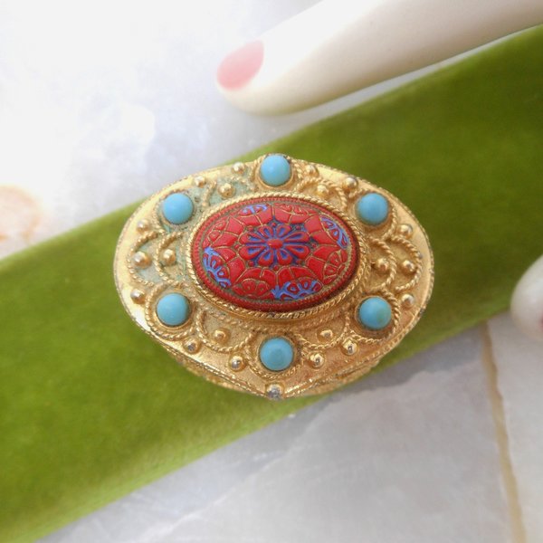 Vintage FLORENZA Trinket Ring Jewelry Pill Box Art Glass Mogul Gold Gilt Mid Century Jewelry Gift, VivianJoel.com