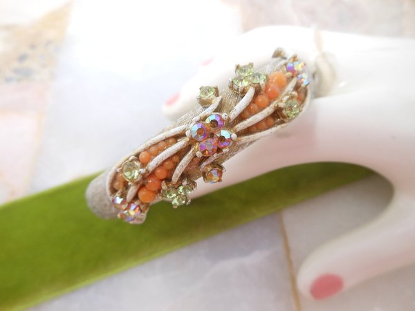Vintage FLORENZA Ornate Rhinestone Bracelet Clamper Cuff Victorian Revival Designer Jewelry Gift Mid Century, VivianJoel.com