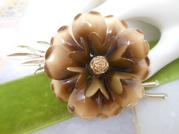 Vintage CORO Flower Brooch Coffee Latte Designer Pin Enamel Mum Mid Century Jewelry Gift, VivianJoel.com