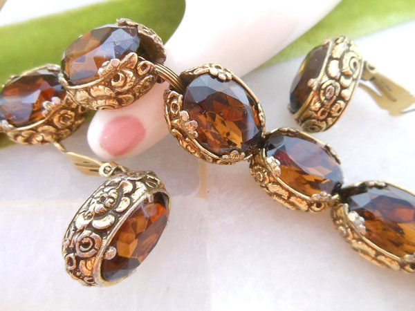 Vintage Topaz Glass Bracelet Earrings Chunky Ornate Designer Victorian Revival Crystal Jewelry Mid Century, VivianJoel.com