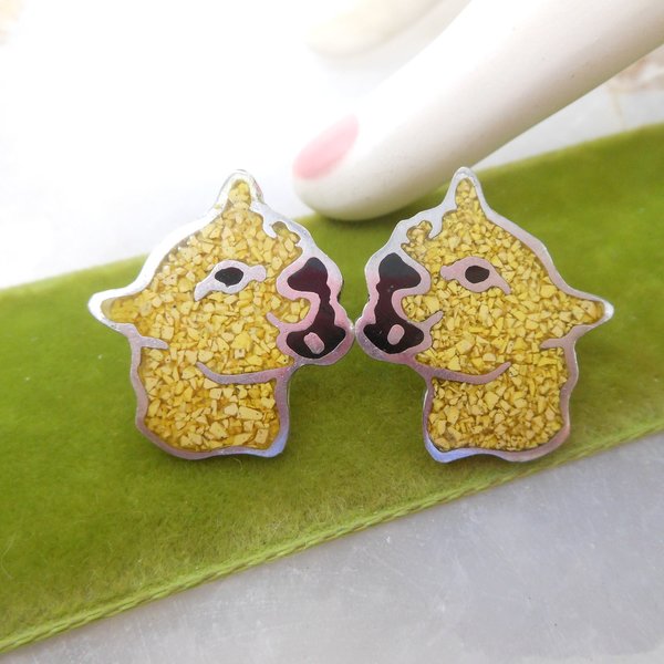 Vintage Sterling Silver Mosaic Earrings ALIA Panther Tiger Post Pierced Cat Designer Mexico 925 Mid Century, VivianJoel.com