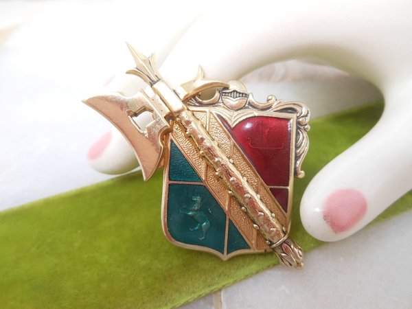 Vintage Heraldic Shield Pin Enamel Brooch Ornate Griffin Lion Ship Axe Victorian Revival Coat of Arms Jewelry Mid Century, VivianJoel.com