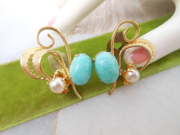 Vintage WEST GERMANY Peking Green Glass Earrings Filigree Pearl Designer Clip On Mid Century Jewelry Gift, VivianJoel.com