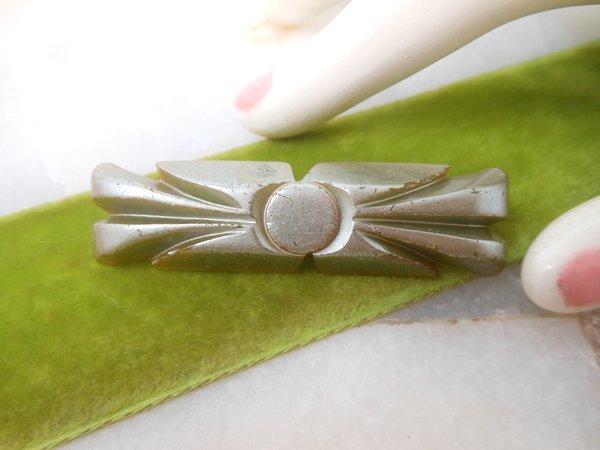 Vintage BAKELITE Carved Brooch Art Deco Bar Pin Green Tested Old Plastic Jewelry Mid Century Gift, VivianJoel.com