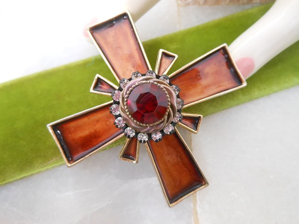 Vintage HAR Brooch Maltese Cross Pin Enamel Crystal Rhinestone Designer Runway Jewelry Gift Mid Century, VivianJoel.com
