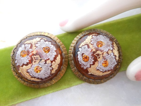 Vintage Glass Enamel Flower Earrings Clip On Rhinestone Chunky Unique Mid Century Jewelry Gift, VivianJoel.com