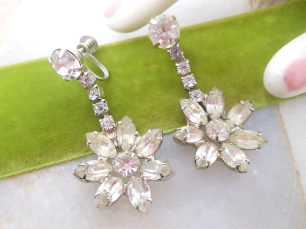 Vintage Rhinestone Earrings Flower Dangle Drop Chandelier Screw Back Hollywood Glam Mid Century, VivianJoel.com