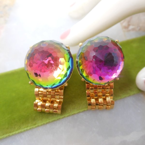 Vintage DANTE Watermelon Crystal Rainbow Rivoli Cufflinks Cuff Link Groom Best Man Mid Century Jewelry Gift,  VivianJoel.com