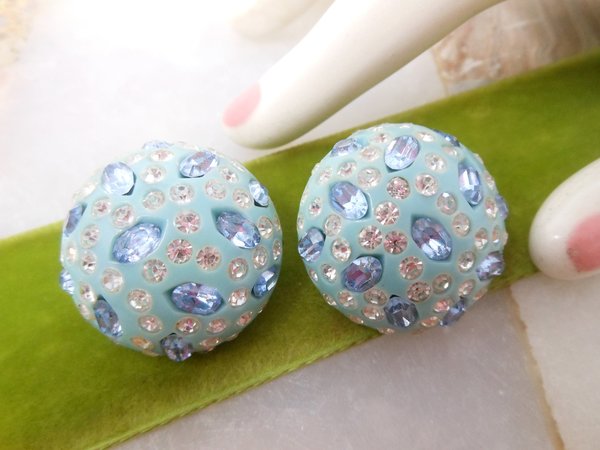 Vintage WEISS Rhinestone Earrings Aqua Plastic Lucite Chunky Designer Turquoise Mid Century Jewelry Gift, VivianJoel.com