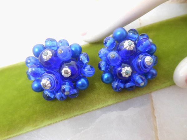 Vintage Blue Earrings Art Glass Cobalt Cluster Bead Clip On JAPAN Mid Century Jewelry Gift, VivianJoel.com