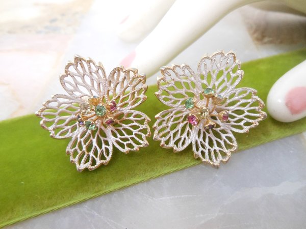 Vintage Tremblant Earrings Flower Enamel Atomic Crystal Rhinestone Clip On Mod Mid Century Jewelry, VivianJoel.com