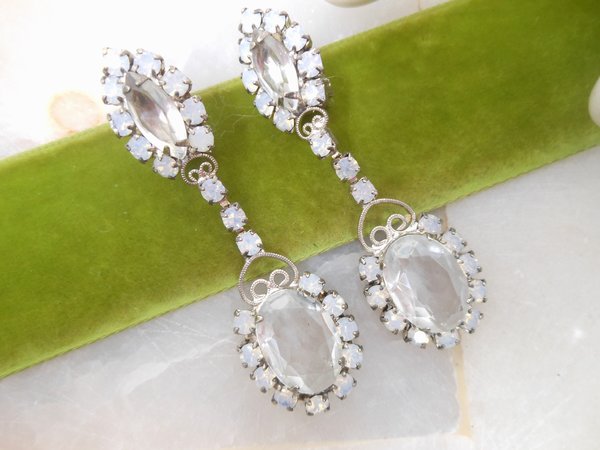 Vintage Rhinestone Earrings Moonstone Clip On Drop Crystal Dangle Chandelier Hollywood Glam Wedding Jewelry Gift Mid Century, VivianJoel.com