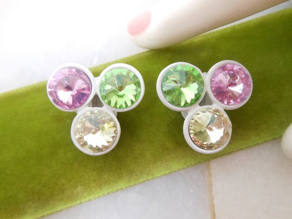 Vintage Rivoli Earrings Pink Green Rhinestone Crystal Clip On Mod Enamel Jewelry Mid Century, VivianJoel.com