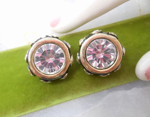 Vintage Headlight Crystal Earrings Chunky Clip On Black Enamel Statement Mogul Jewelry Mid Century Gift, VivianJoel.com