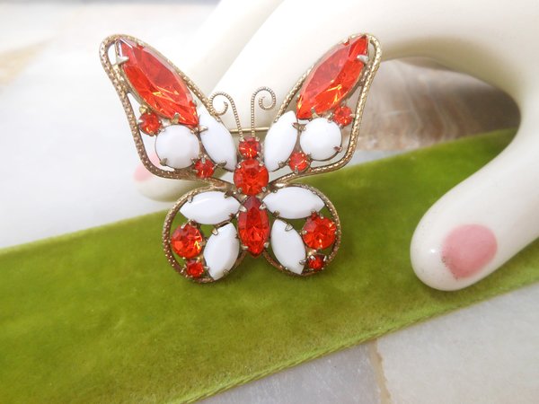 Vintage JULIANA Butterfly Brooch Milk Glass Pin Crystal Rhinestone Designer Mid Century Bug Insect Jewelry Gift, VivianJoel.com