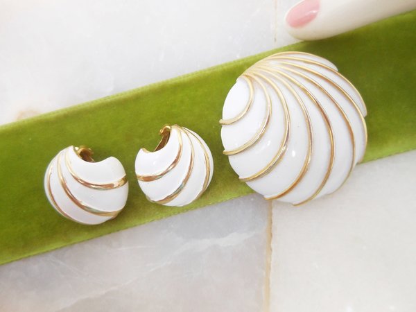 Vintage MARVELLA Pin Brooch Earrings Set Clip On White Enamel Classic Designer Mid Century Modernist Wedding Jewelry Gift, VivianJoel.com