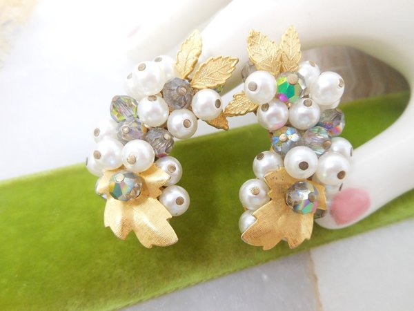 Vintage LAGUNA Earrings Pearl Crystal Cluster Bead Designer Flower Ear Climbers Drama Jewelry Mid Century, VivianJoel.com