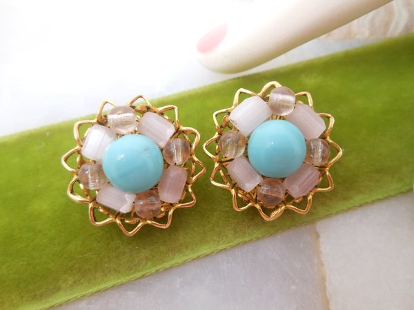 Vintage FREIRICH Earrings Art Glass Clip On Flower Cluster Blue Bead Mid Century Designer Jewelry, VivianJoel.com
