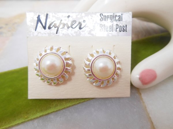 Vintage NAPIER Designer Earrings Faux Pearl Pierced Post Original Sales Card Jewelry Gift, VivianJoel.com