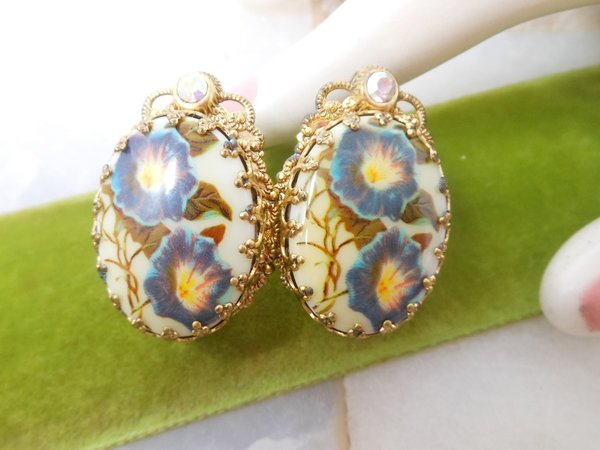 Vintage WEST GERMANY Blue Flower Rhinestone Earrings Victorian Revival Ornate Clip On Designer Mid Century Jewelry Gift, VivianJoel.com