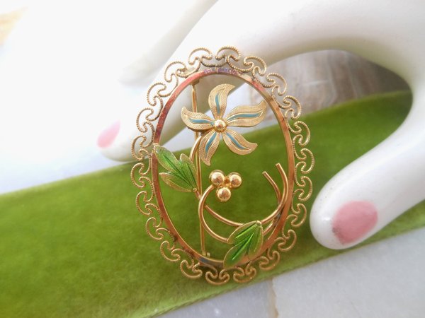 Vintage VAN DELL Ornate Brooch Filigree Pin Flower Enamel Delicate Gold Fill GF Designer Mid Century Jewelry Gift, VivianJoel.com