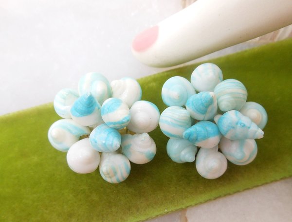 Vintage WEST GERMANY Earrings Blue Seashell Cluster Bead Designer Plastic Jewelry Mid Century, VivianJoel.com