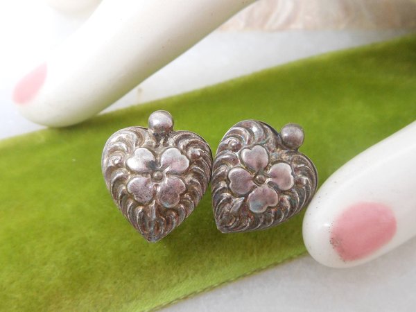 Vintage STERLING SILVER Puffy Heart Earrings Victorian Repousse Screw Back 925 Art Nouveau Jewelry Gift, VivianJoel.com