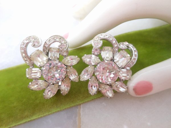 Vintage EISENBERG Earrings Rhinestone Crystal Clip On Flower Wedding Bride Designer Mid Century Jewelry Gift, VivianJoel.com