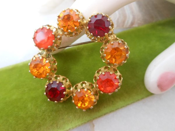 Vintage AUSTRIA Crystal Wreath Designer Rhinestone Pin Brooch Red Orange Yellow Ornate Mid Century Jewelry Gift, VivianJoel.com