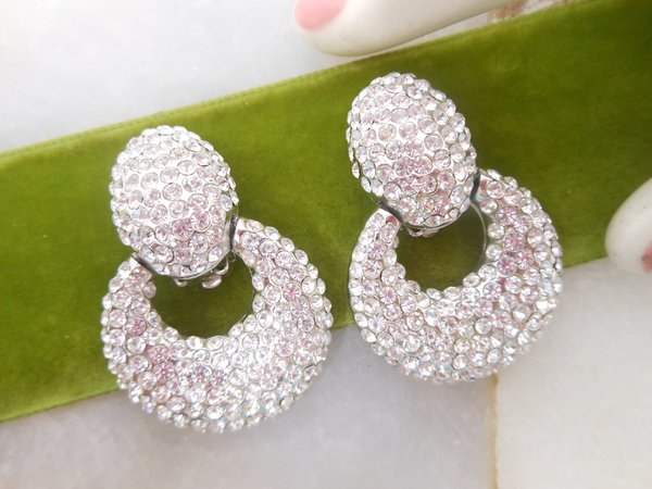 Vintage JARIN Designer Earrings Dangle Door Knocker Clip On Rhinestone Crystal Drop Couture Runway Statement Jewelry Gift, VivianJoel.com