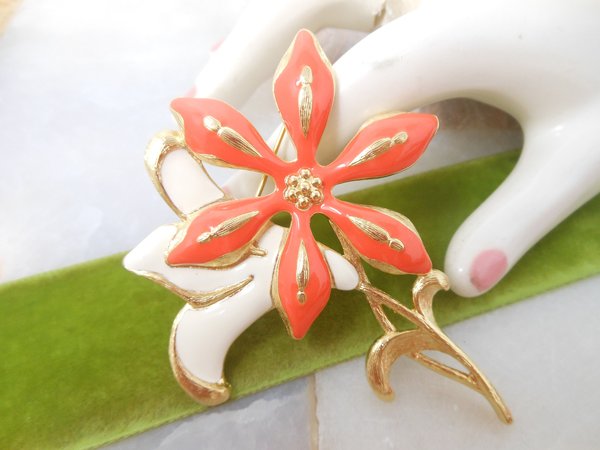 Vintage Huge MONET Mod Brooch Orange Flower Pin Gold Plate Enamel Daisy Designer Mid Century Jewelry Gift, VivianJoel.com