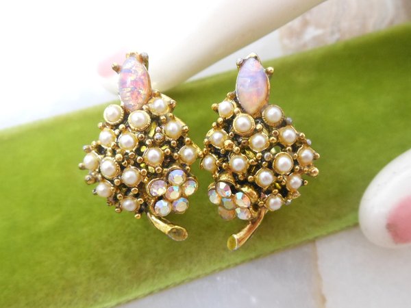 Vintage Ornate Opal Pearl Earrings Clip On Victorian Renaissance Revival Rhinestone Mid Century Jewelry Gift,  VivianJoel.com