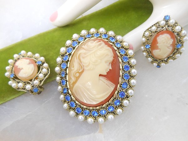 Vintage DODDS Designer Cameo Brooch Earrings Set Rhinestone Pearl Ornate Pin Victorian Revival Mid Century Jewelry Gift,  VivianJoel.com