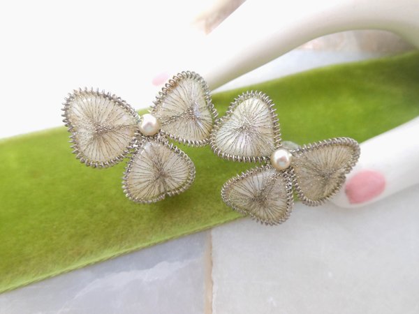 Vintage GERMANY Shamrock Clover Earrings Clip On Fine Tinsel Wire Pearl Jewelry Gift Mid Century, VivianJoel.com