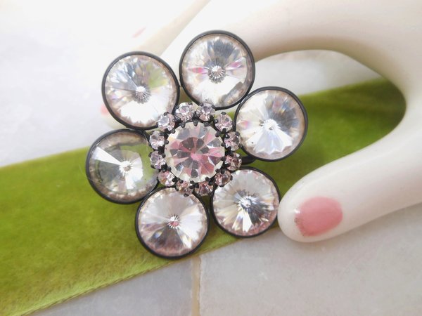 Vintage AUSTRIA Flower Pin Brooch Designer Crystal Rhinestone Mod Jewelry Gift Mid Century *as is*, VivianJoel.com