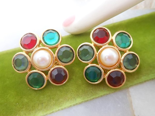 Vintage MONET Mogul Earrings Clip On Fruit Salad Crystal Pearl Designer Statement Runway Jewelry Mid Century, VivianJoel.com