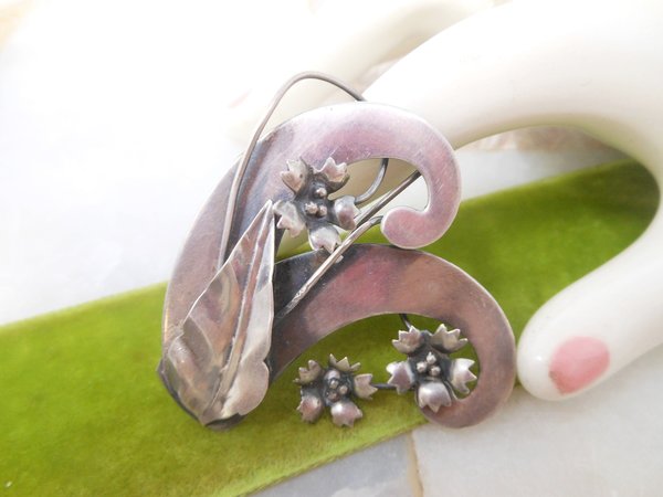 Vintage STERLING SILVER Flower Pin Brooch Art Nouveau Deco Bouquet Jewelry Gift Mid Century, VivianJoel.com