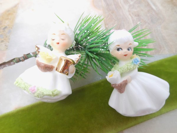 Vintage NAPCO Ware Miniature Angel Girl Spaghetti Flower Bone China Taiwan LOT 2 Gift, VivianJoel.com