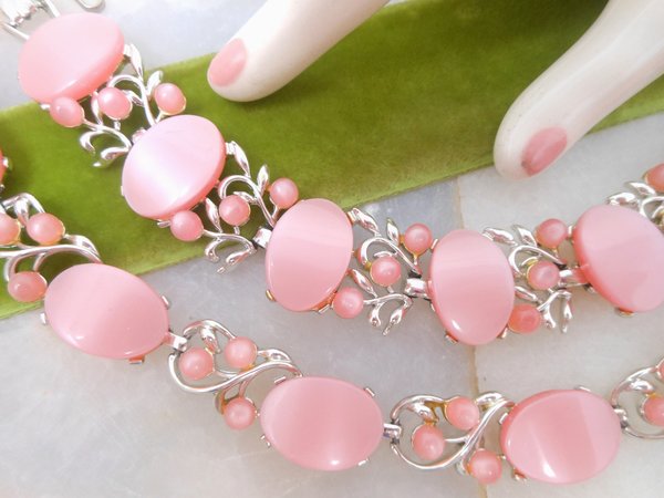 Vintage STAR Pink Necklace Bracelet Set Thermoset Moonglow Satin Pin Up Plastic Mid Century Designer Jewelry Gift, VivianJoel.com