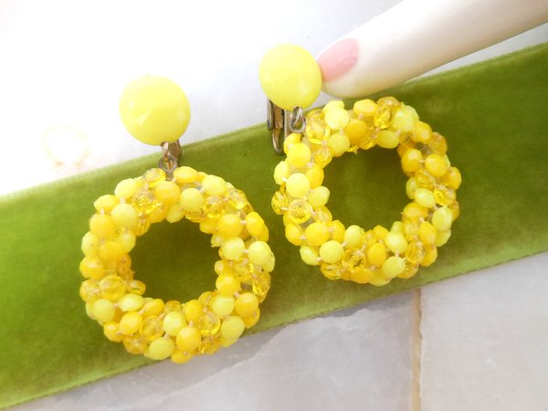 Vintage Mod Yellow Plastic Dangle Earrings Drop Bead Clip On Groovy Rockabilly Mid Century Jewelry Gift, VivianJoel.com