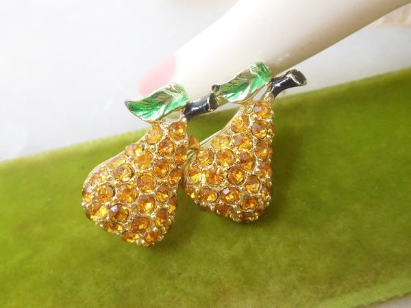 Vintage Pear Fruit Brooch Rhinestone Pin Enamel Flower Figural Tropical Rockabilly Jewelry Mid Century Gift, VivianJoel.com
